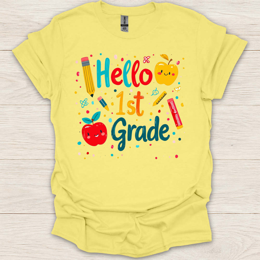 Hello First Grade- Apples, Pens, Pencils T-Shirt