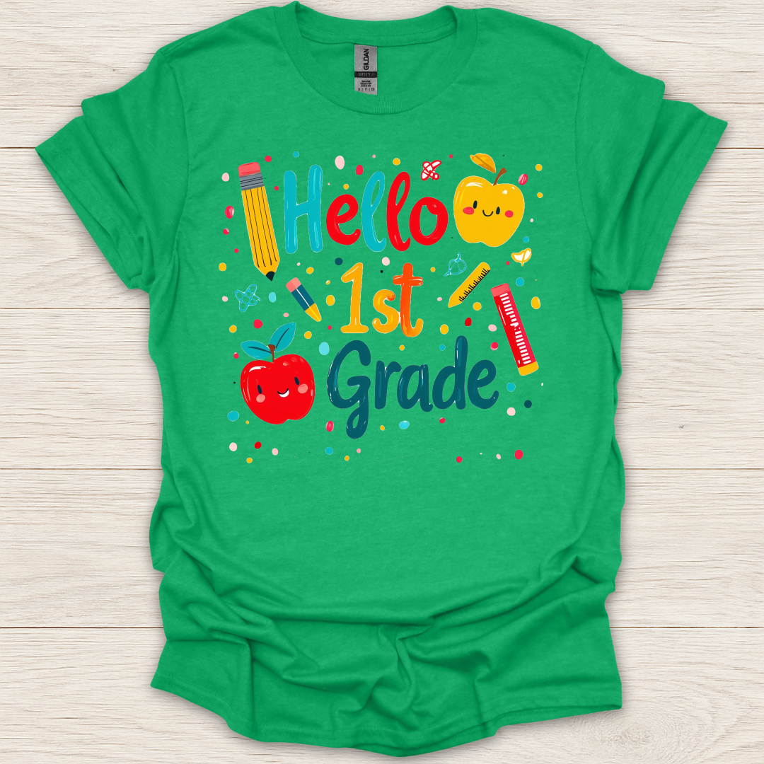 Hello First Grade- Apples, Pens, Pencils T-Shirt