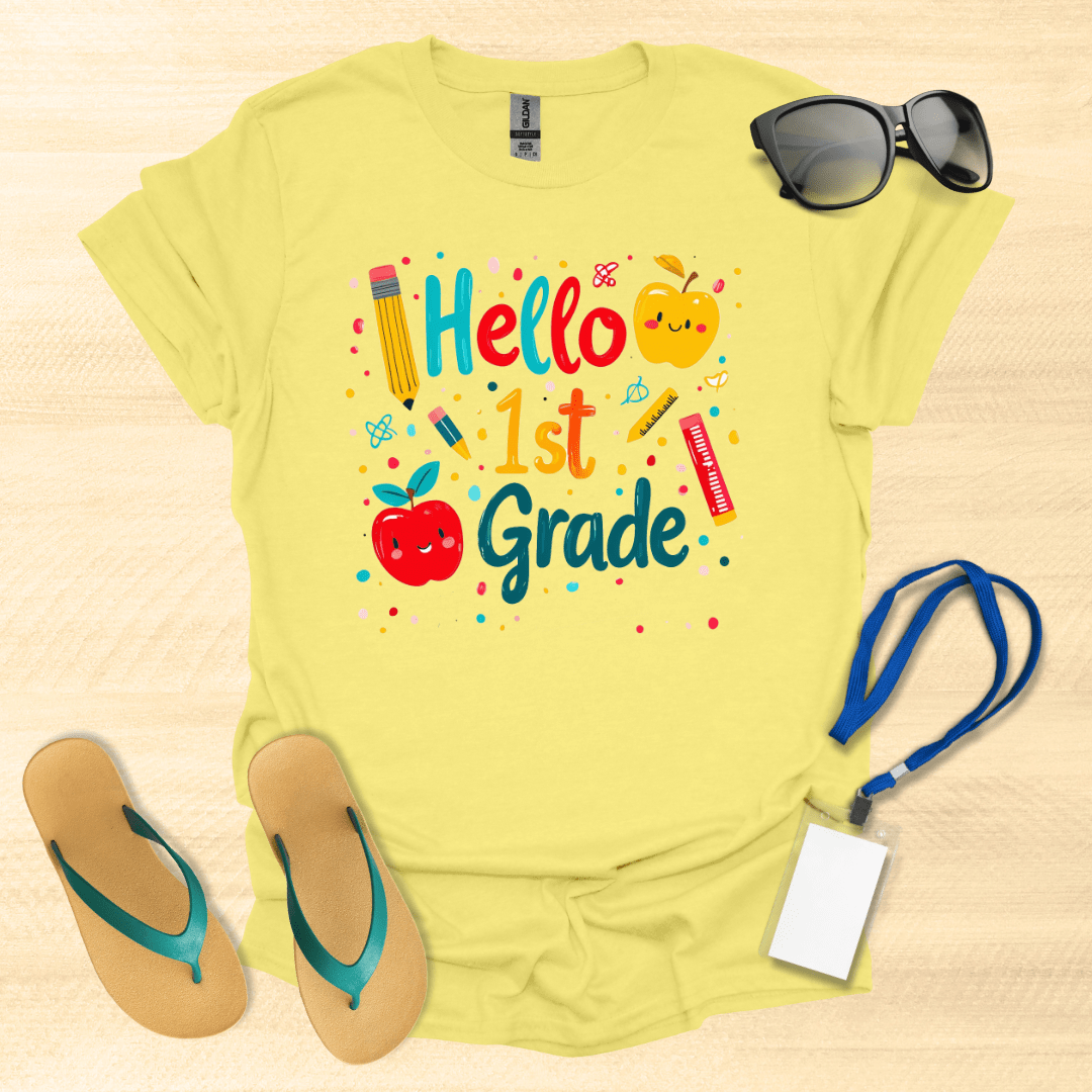 Hello First Grade- Apples, Pens, Pencils T-Shirt