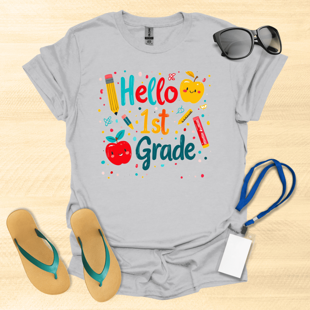 Hello First Grade- Apples, Pens, Pencils T-Shirt