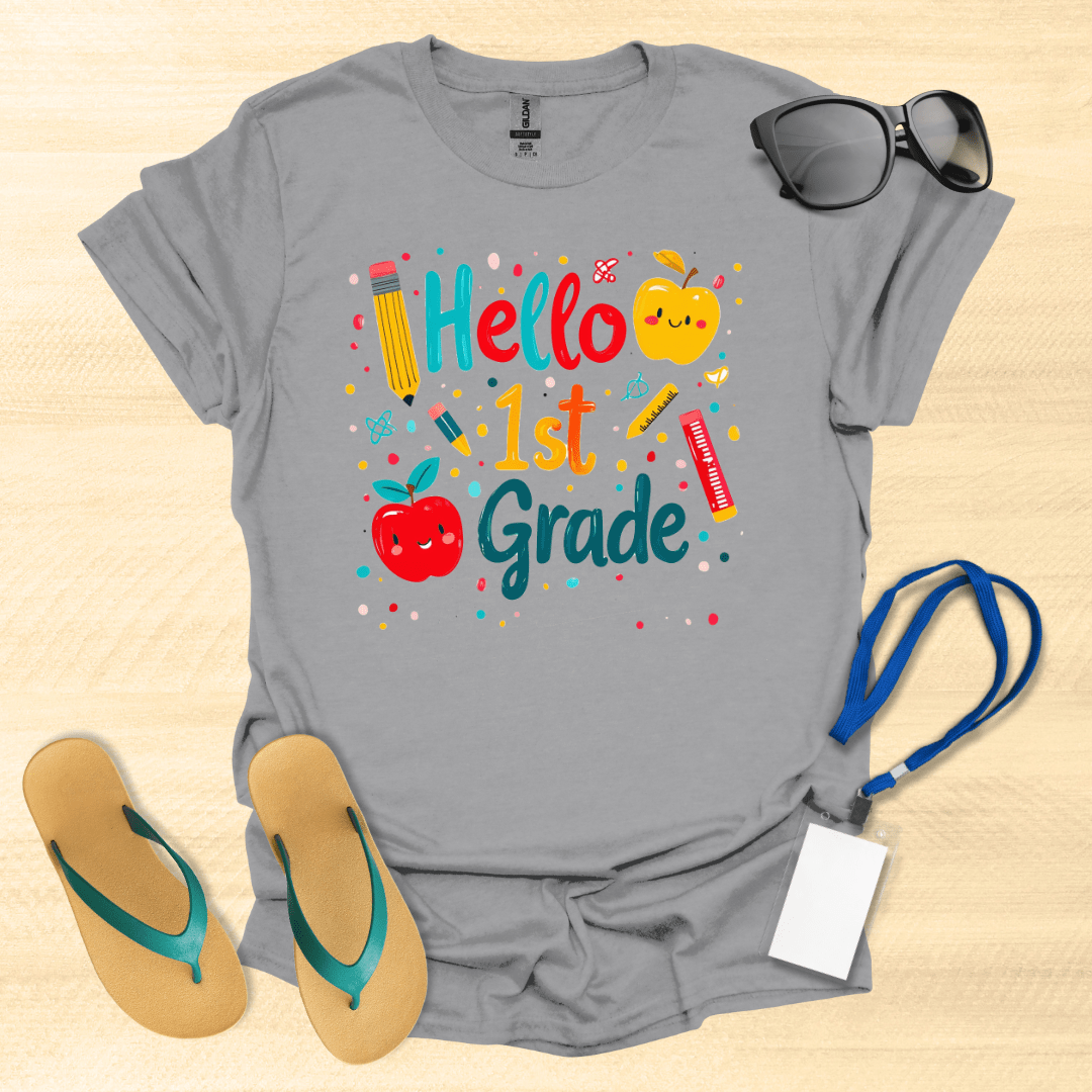 Hello First Grade- Apples, Pens, Pencils T-Shirt